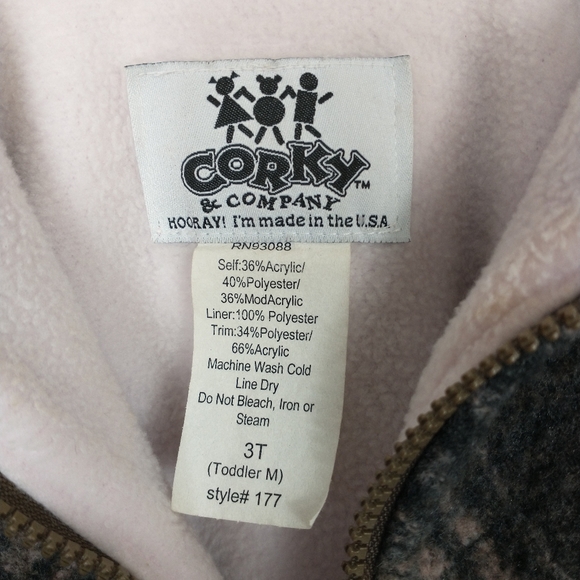 Vintage Corky Company Fleece Jacket Hat 3T Pink Plaid Floral Coat Pckt USA 1990s - Picture 8 of 14